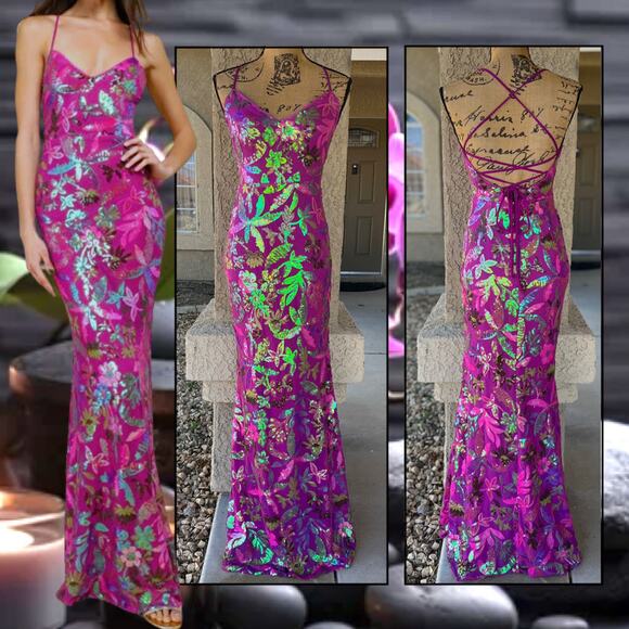 Lulus Glittering Icon Magenta Iridescent Sequin Lace-Up Maxi Dress Size: M - Picture 1 of 9